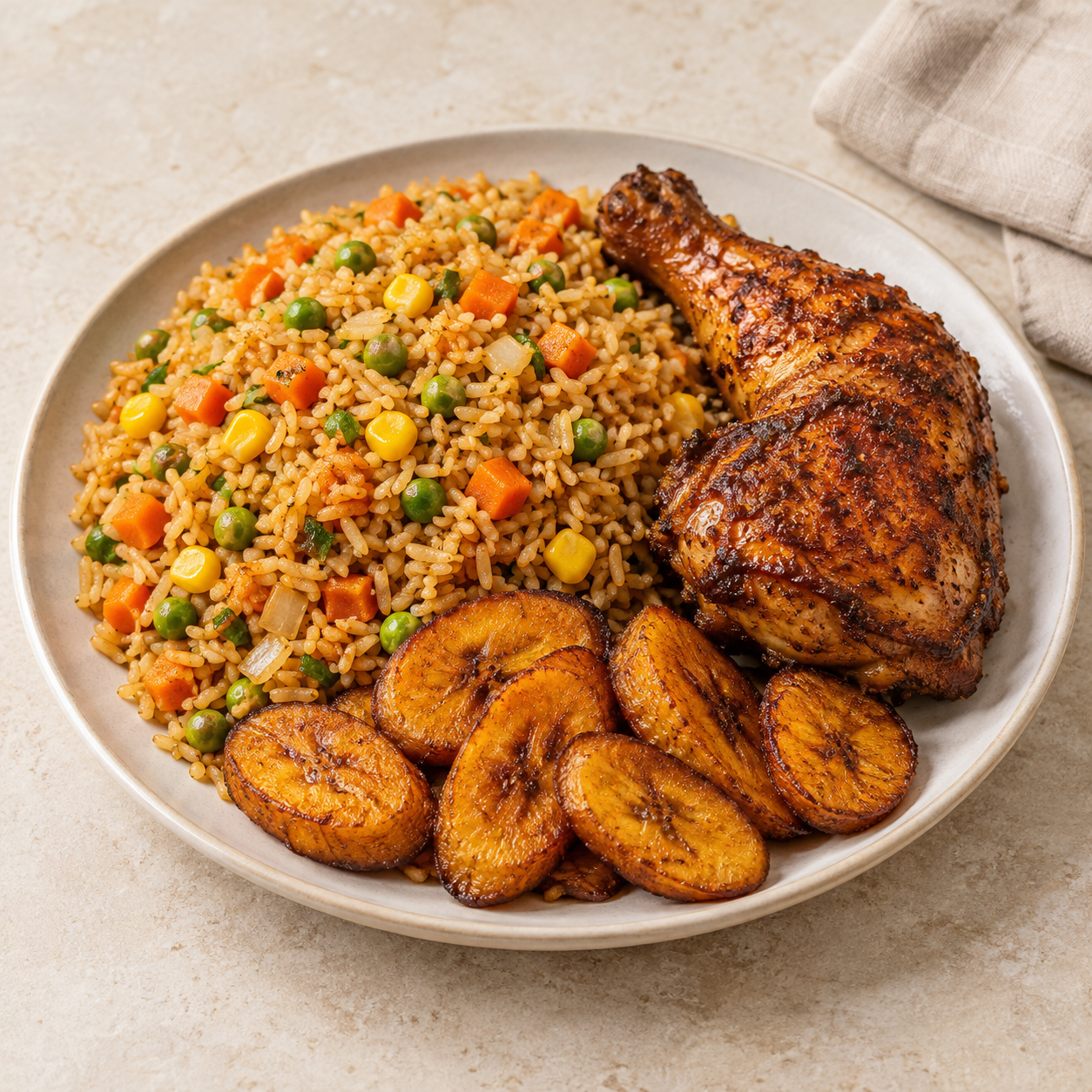 Fried rice with chicken and fried plantain