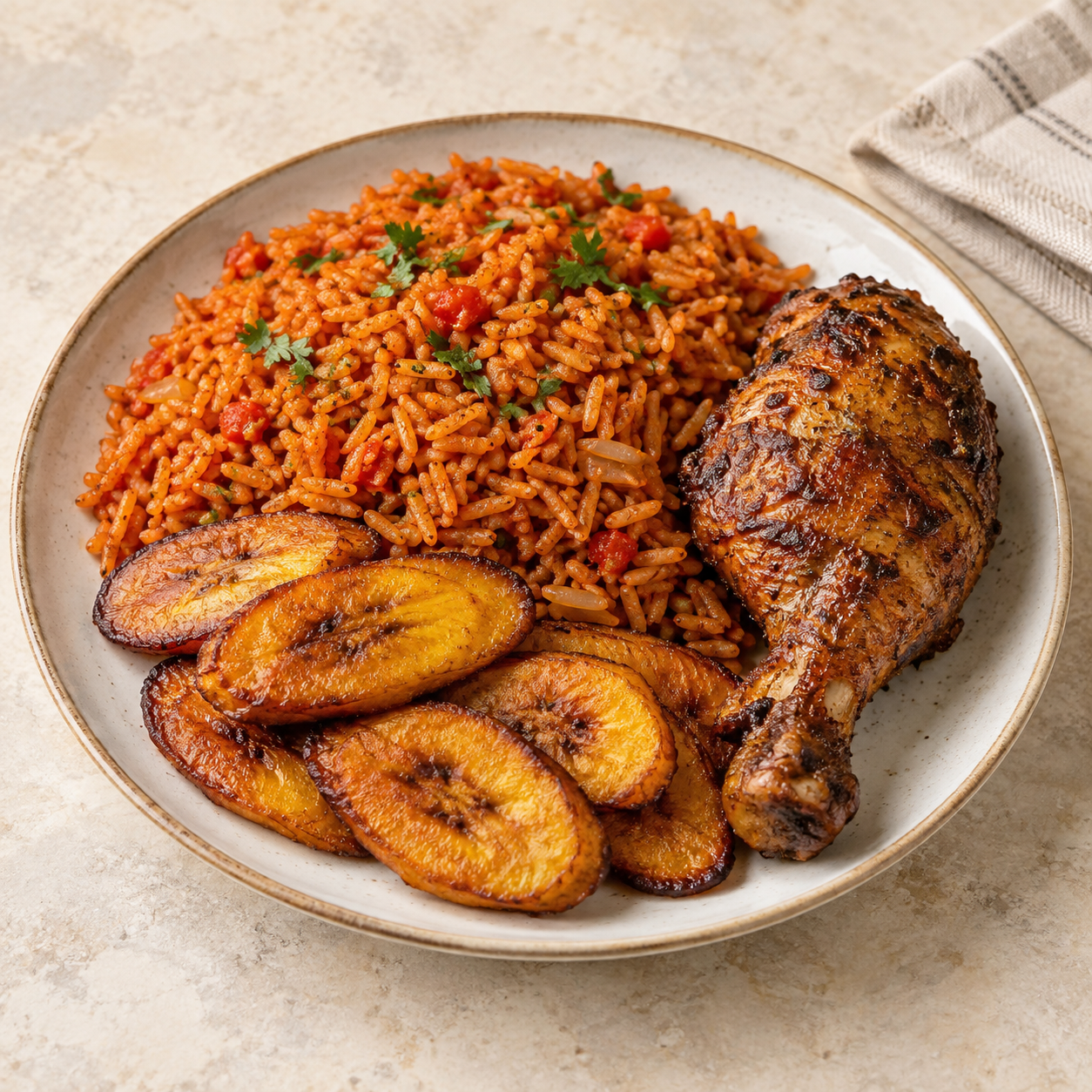 Jollof rice with chicken and fried plantain