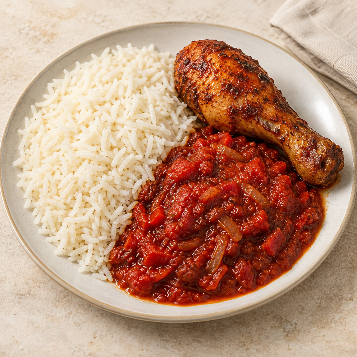 White rice with tomato stew and chicken