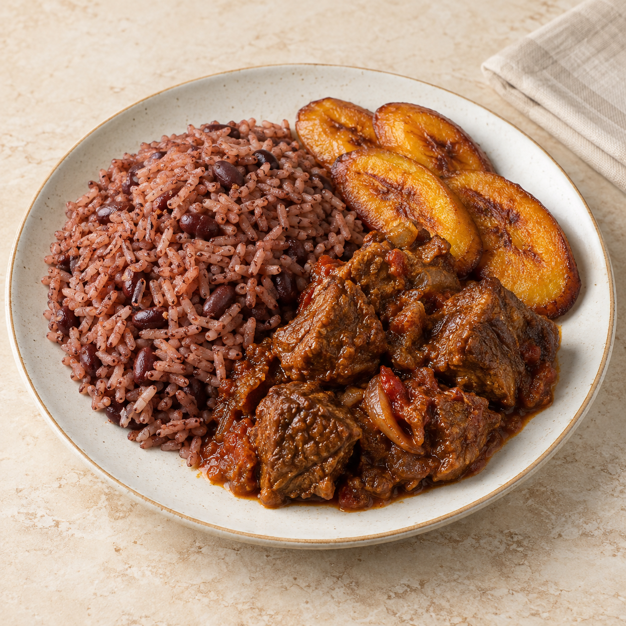 Waakye rice and beans with beef and fried plantain