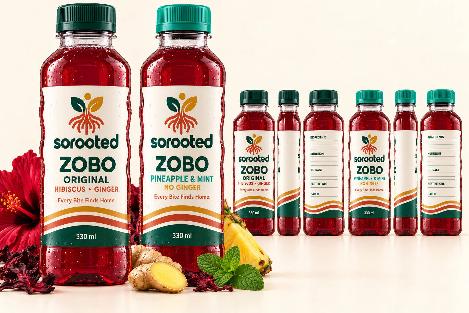 Sorooted Zobo bottle concepts in Original Hibiscus and Ginger and Pineapple and Mint